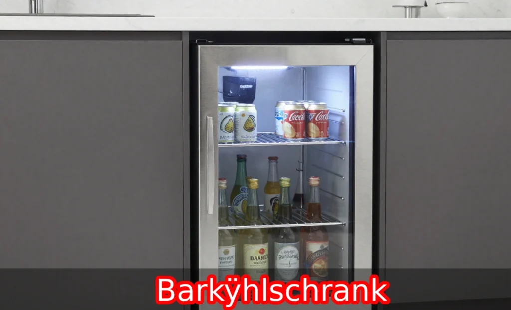 Barkÿhlschrank under-counter bar fridge with glass door, LED lighting, and chilled beverages on stainless shelves.
