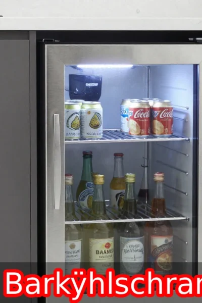 Barkÿhlschrank under-counter bar fridge with glass door, LED lighting, and chilled beverages on stainless shelves.