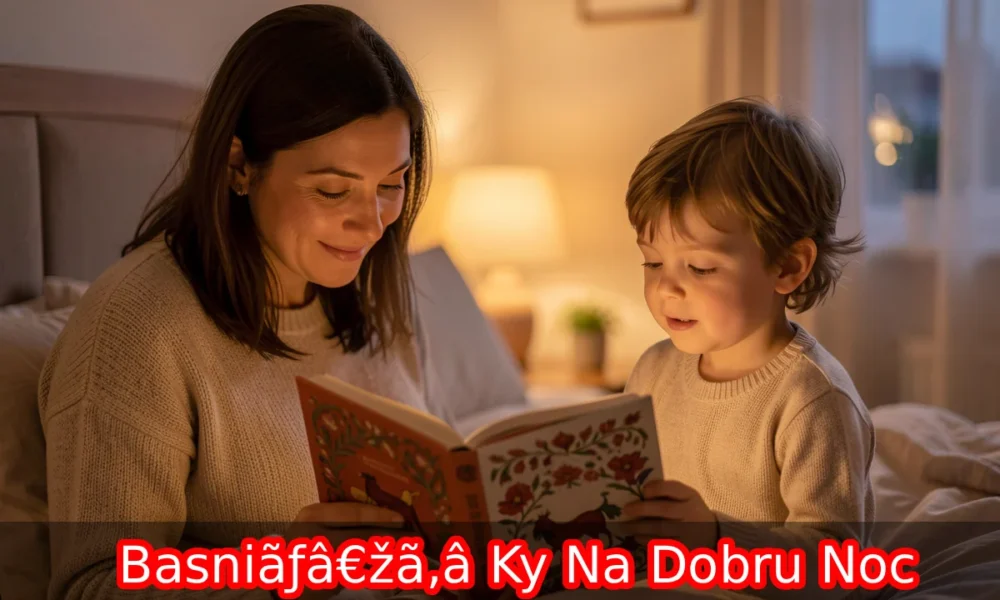 Parent reading Basniãƒâ€žã‚â ky na Dobru Noc Czech bedtime stories to child in cozy bedroom with soft lighting and books.