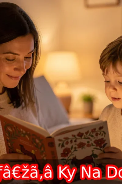 Parent reading Basniãƒâ€žã‚â ky na Dobru Noc Czech bedtime stories to child in cozy bedroom with soft lighting and books.
