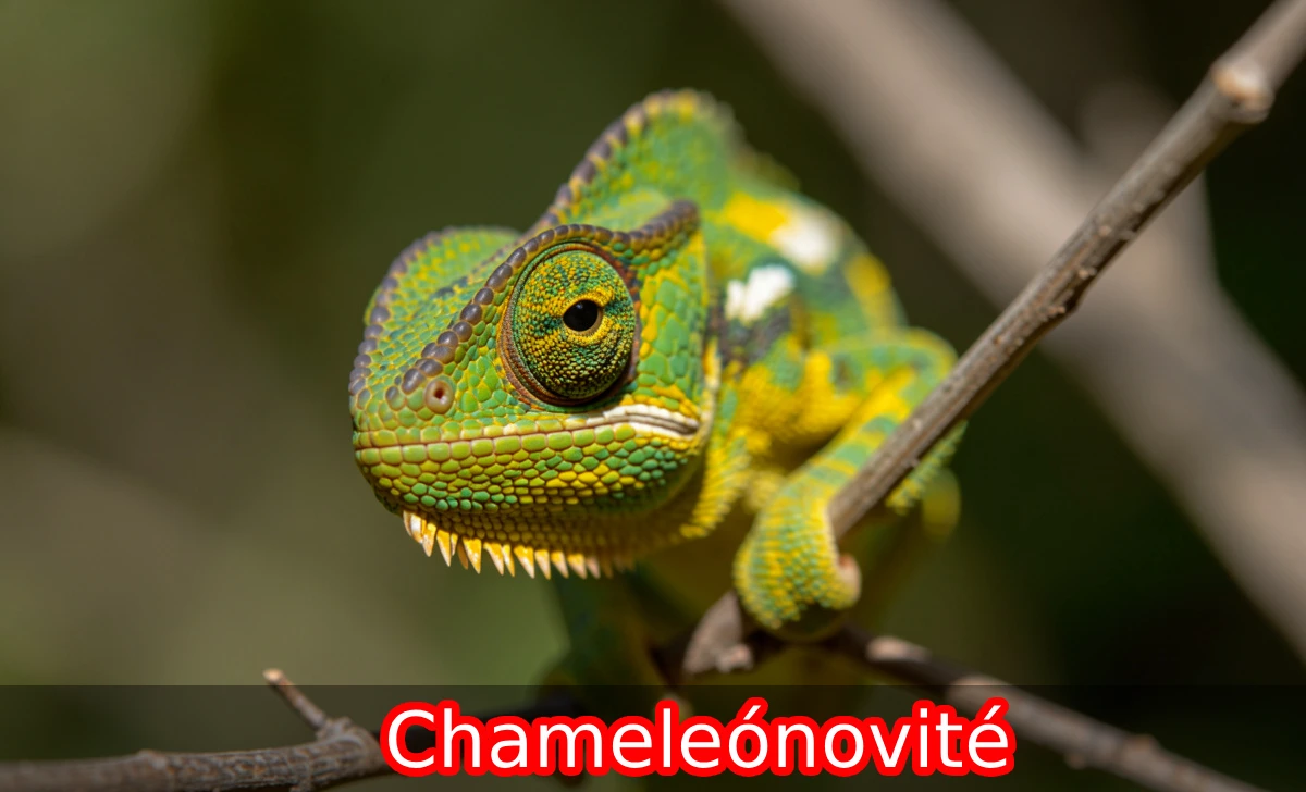 Chameleónovité — veiled chameleon displaying structural color change on a branch in natural daylight, macro wildlife photography.