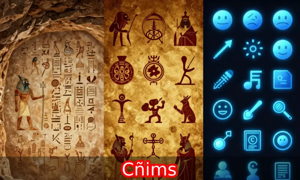 Cñims evolution showing ancient markings, tribal symbols, and modern digital icons across different world cultures.