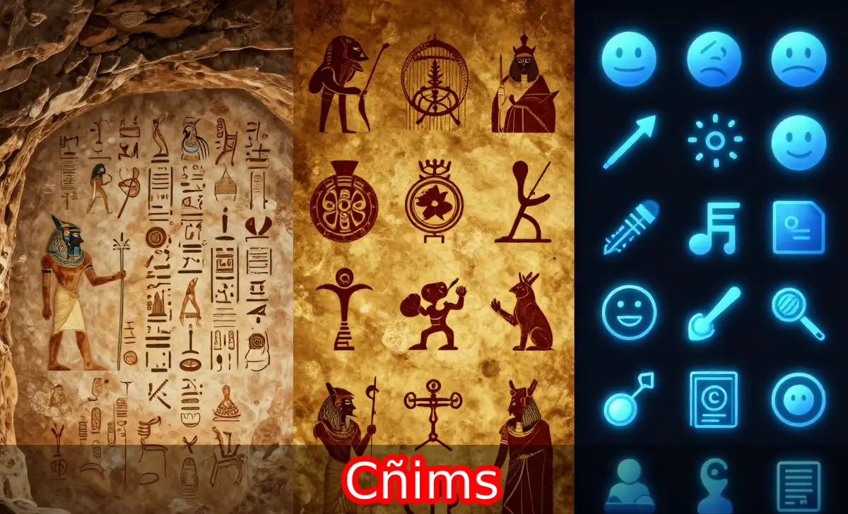 Cñims evolution showing ancient markings, tribal symbols, and modern digital icons across different world cultures.