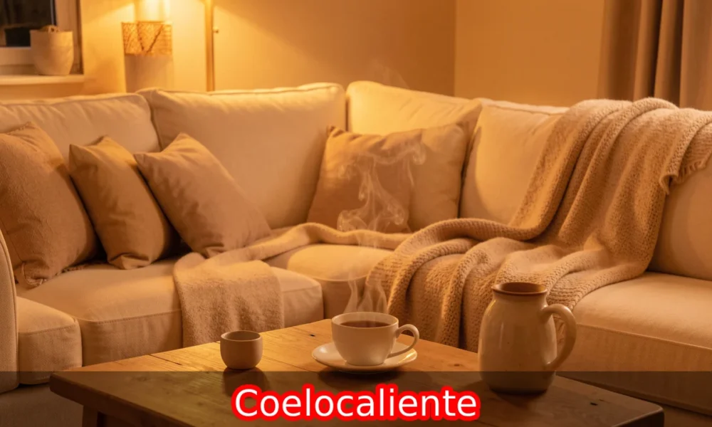 Coelocaliente warm living room with soft amber lighting, cozy blankets, and comfortable seating creating inviting space