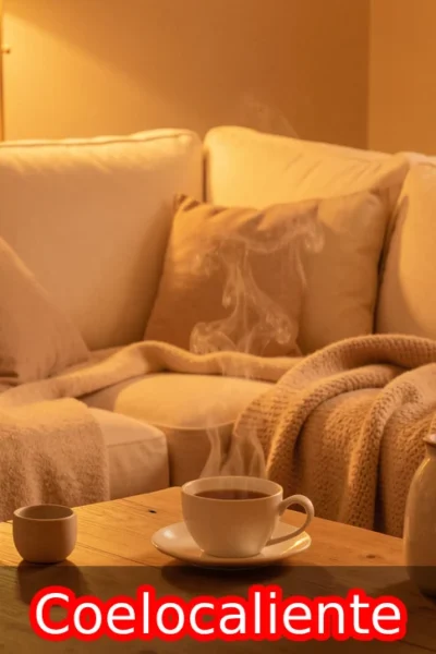 Coelocaliente warm living room with soft amber lighting, cozy blankets, and comfortable seating creating inviting space