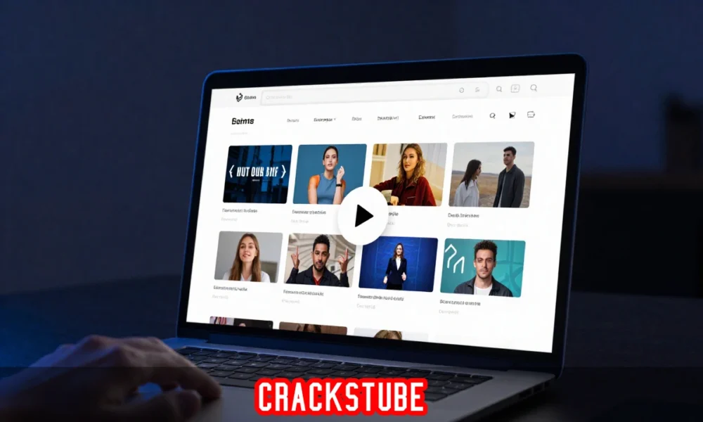 Crackstube free online streaming platform homepage with video categories and search bar on a laptop screen.