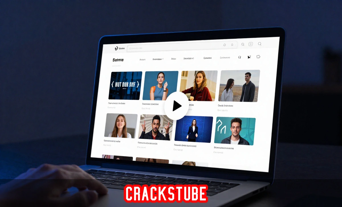 Crackstube free online streaming platform homepage with video categories and search bar on a laptop screen.