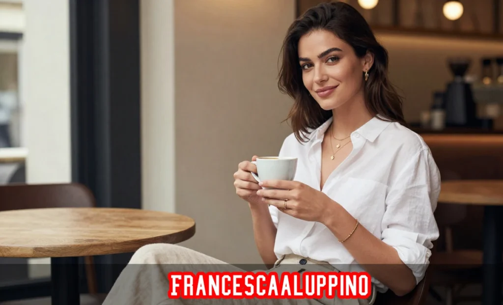 francescaaluppino Italian fashion and lifestyle content creator sitting in a Milan café with warm natural light and confident smile.