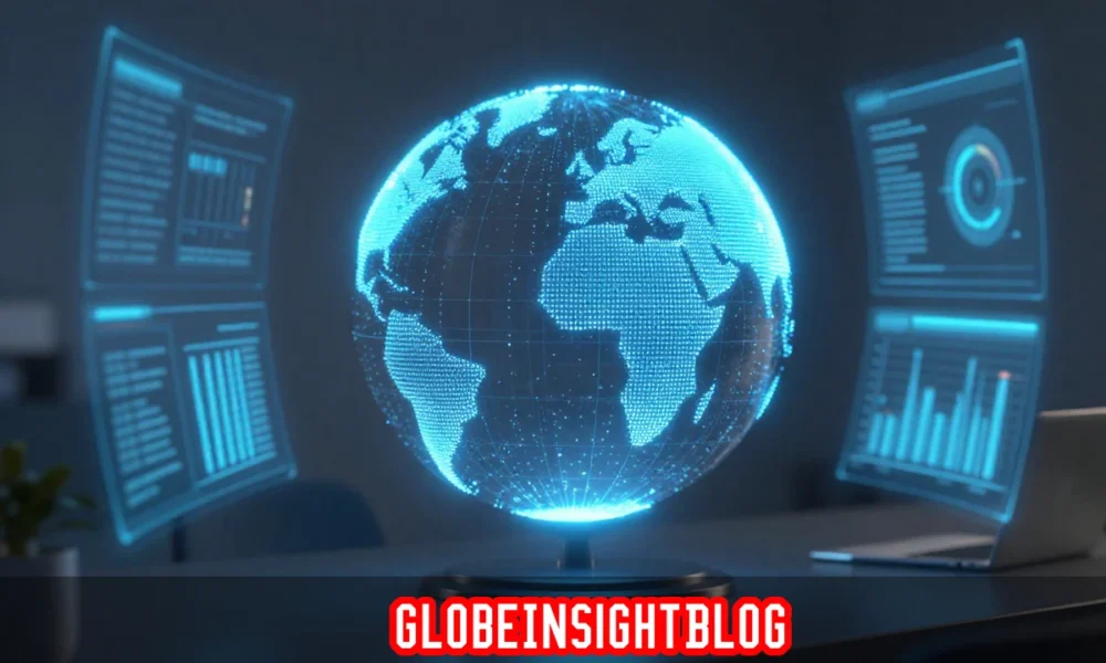 GlobeInsightBlog digital platform with globe, data charts, and expert commentary on global issues and current world events.