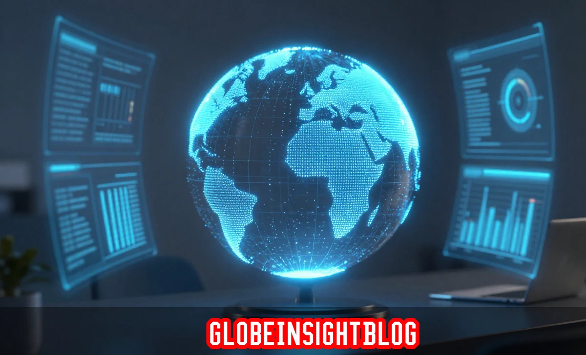 GlobeInsightBlog digital platform with globe, data charts, and expert commentary on global issues and current world events.