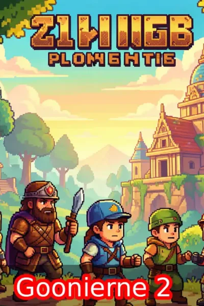 Goonierne 2 retro adventure game artwork showing pixel art hero in colorful fantasy world with ancient ruins background