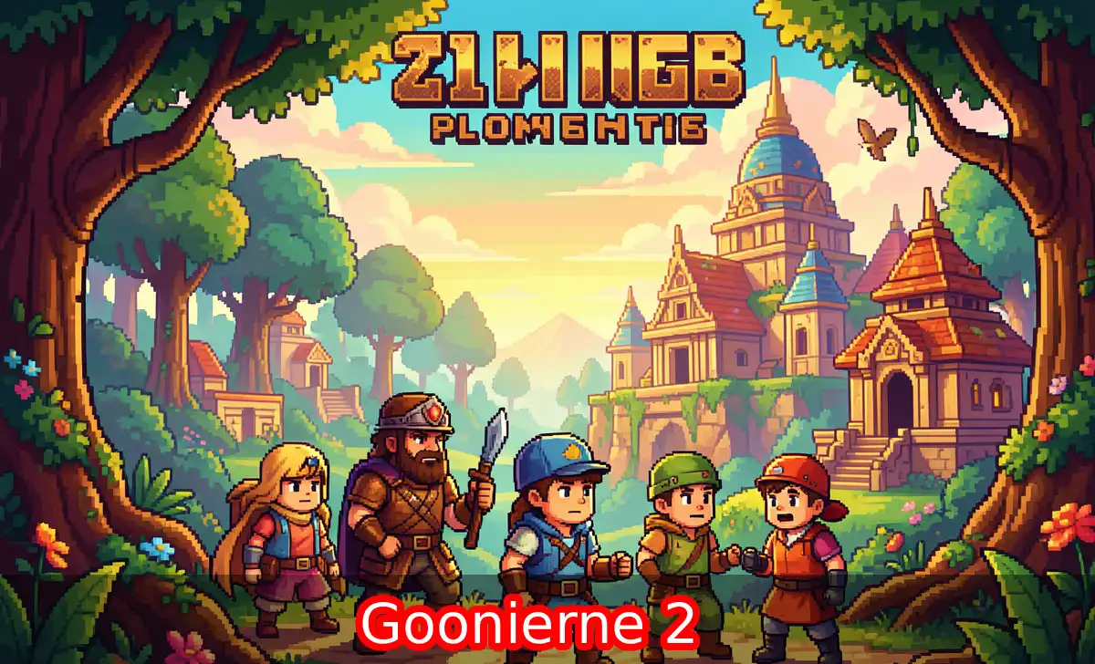 Goonierne 2 retro adventure game artwork showing pixel art hero in colorful fantasy world with ancient ruins background