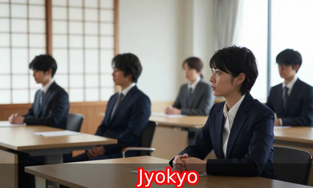Jyokyo situational awareness practiced by a professional observing group dynamics in a quiet modern workspace.