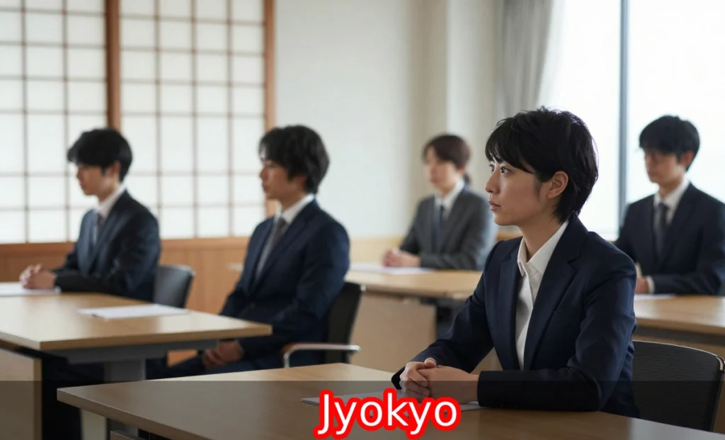 Jyokyo situational awareness practiced by a professional observing group dynamics in a quiet modern workspace.