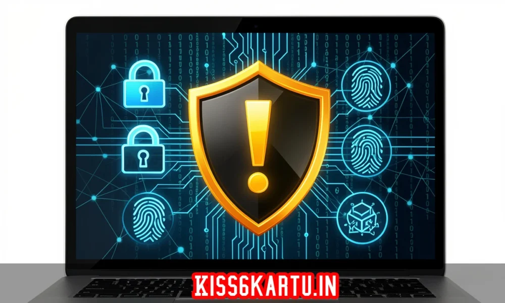 Kiss6kartu.in safety warning illustration with security alerts, data protection symbols, and trust score indicators.