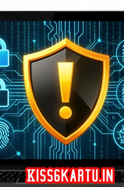 Kiss6kartu.in safety warning illustration with security alerts, data protection symbols, and trust score indicators.