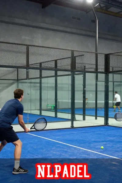 Nlpadel players on an indoor padel court in the Netherlands with glass walls and blue artificial turf surface.