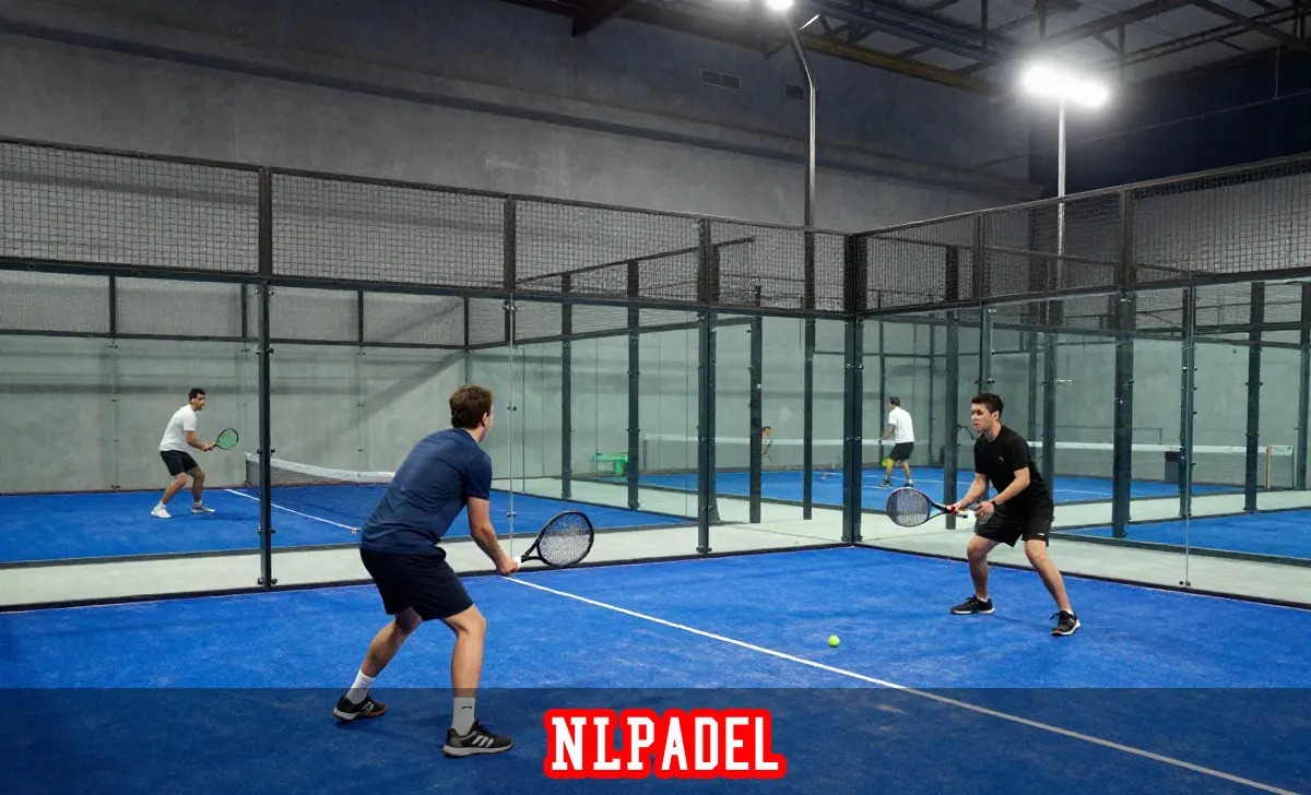 Nlpadel players on an indoor padel court in the Netherlands with glass walls and blue artificial turf surface.