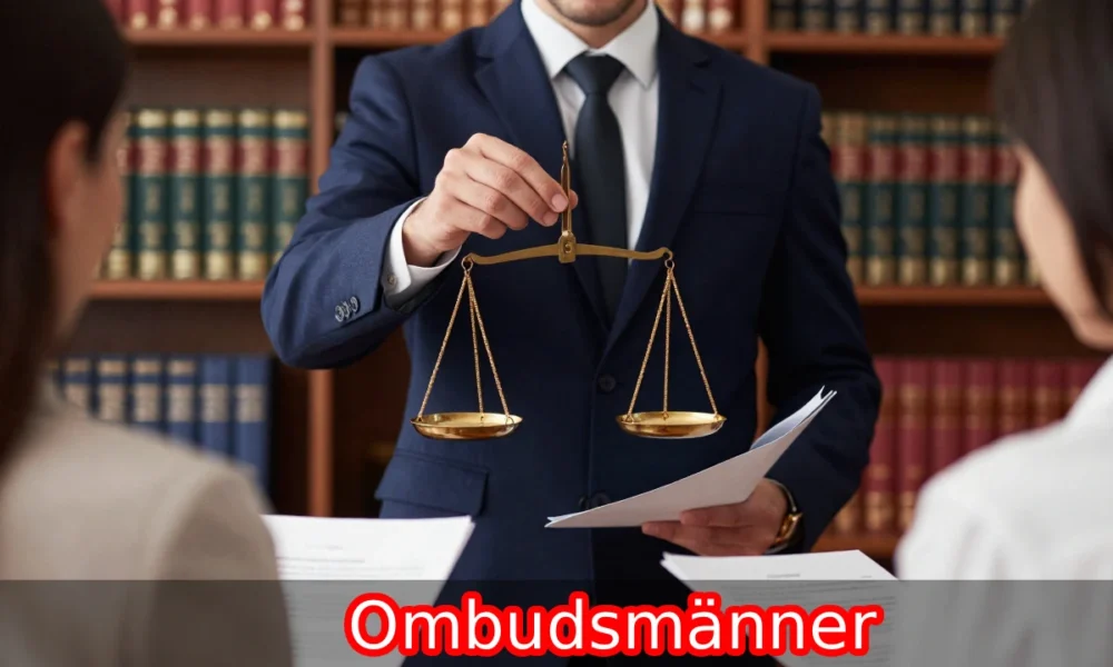 Ombudsmänner mediator sitting between citizen and government official at a formal desk with justice scales and legal documents.