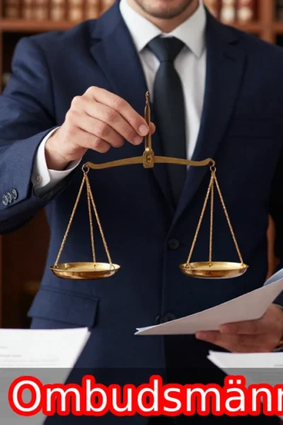 Ombudsmänner mediator sitting between citizen and government official at a formal desk with justice scales and legal documents.