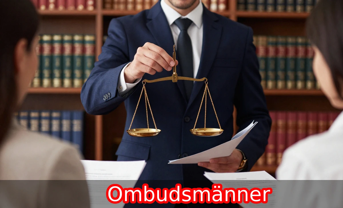 Ombudsmänner mediator sitting between citizen and government official at a formal desk with justice scales and legal documents.