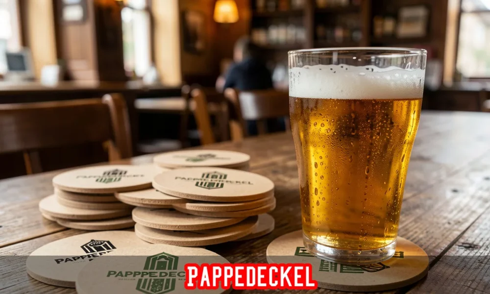 Pappedeckel cardboard coasters stacked on a rustic wooden bar table next to a cold beer glass with condensation.