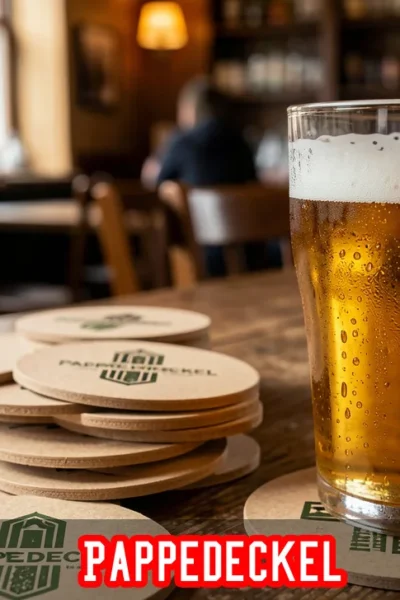 Pappedeckel cardboard coasters stacked on a rustic wooden bar table next to a cold beer glass with condensation.