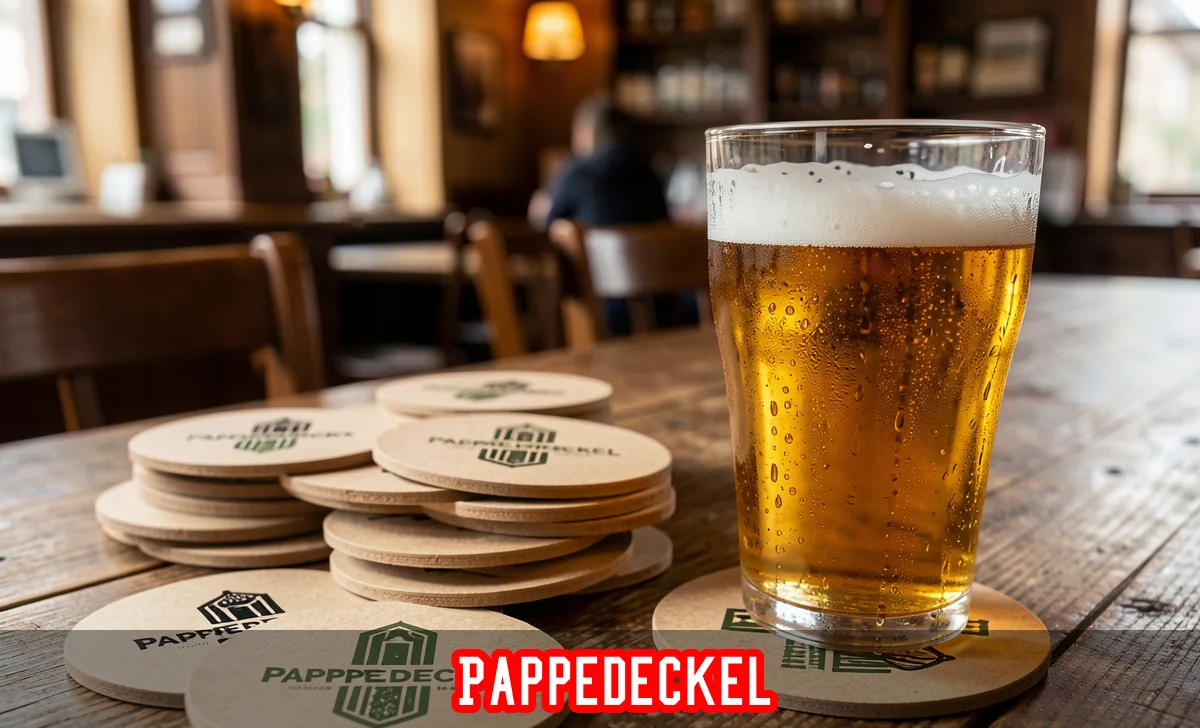 Pappedeckel cardboard coasters stacked on a rustic wooden bar table next to a cold beer glass with condensation.