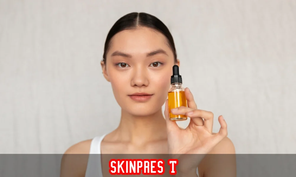 Skinpres T therapeutic skin formulation bottle on white background used for acne fungal and inflammatory skin treatment.