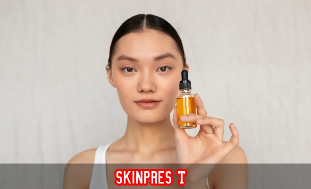 Skinpres T therapeutic skin formulation bottle on white background used for acne fungal and inflammatory skin treatment.