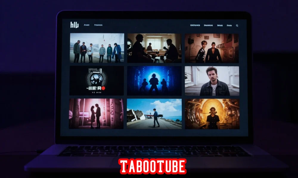 TabooTube niche streaming platform interface showing independent films and documentary content on a glowing laptop screen.