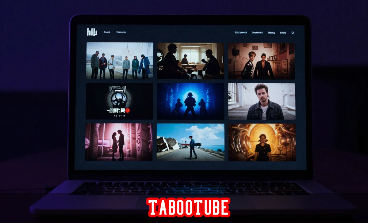 TabooTube niche streaming platform interface showing independent films and documentary content on a glowing laptop screen.
