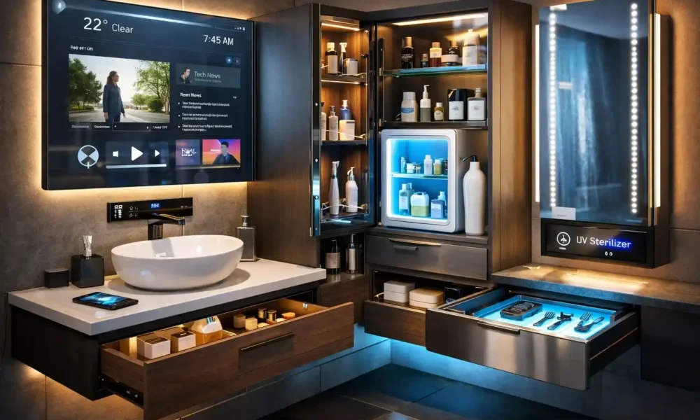 Contemporary bathroom cabinet design created using CAD and 3D modeling technology