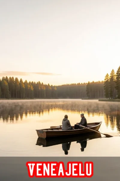 Couple enjoying a veneajelu boat ride on a calm Finnish lake at sunset with pine trees reflecting on still water.
