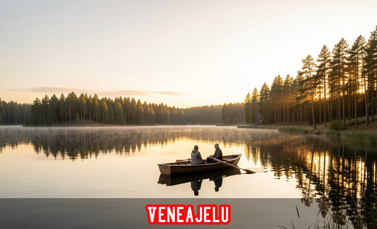 Couple enjoying a veneajelu boat ride on a calm Finnish lake at sunset with pine trees reflecting on still water.
