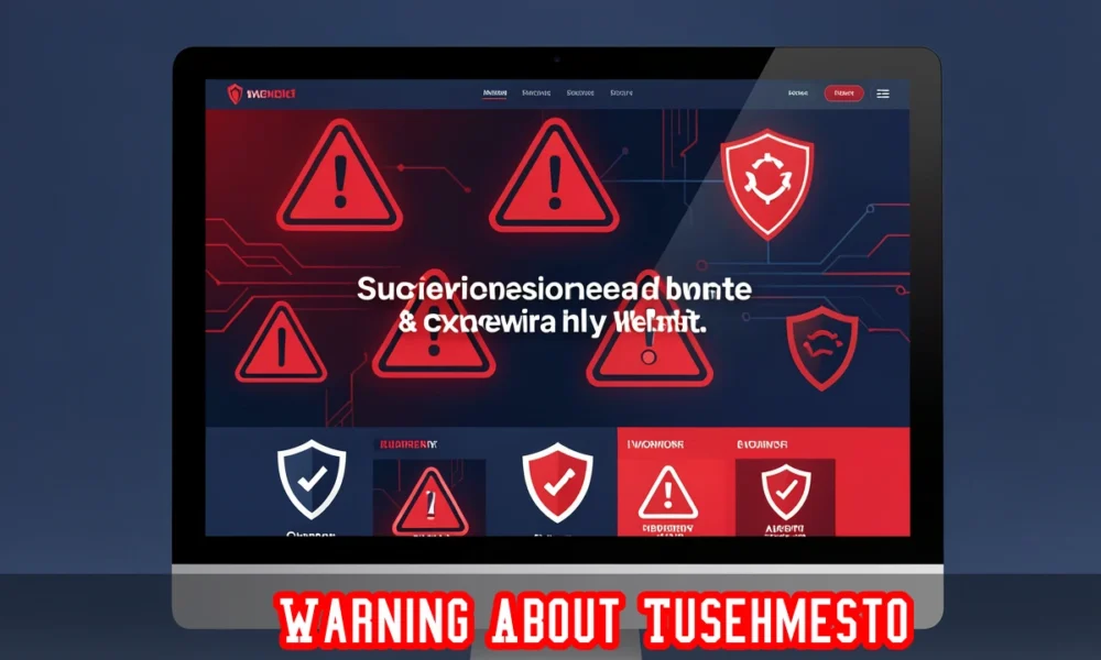 Warning About Tusehmesto scam alert with red flags on computer screen showing online security threats and fraud risks