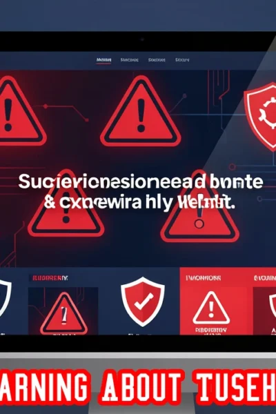 Warning About Tusehmesto scam alert with red flags on computer screen showing online security threats and fraud risks