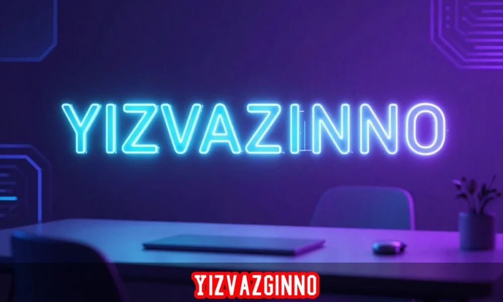 Yizvazginno coined word branding concept in neon colors, digital marketing illustration, modern creative design