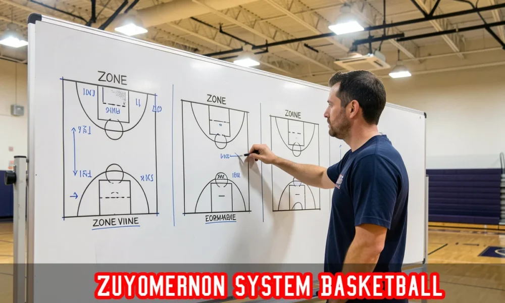 Zuyomernon System Basketball coach explaining zone structure on whiteboard