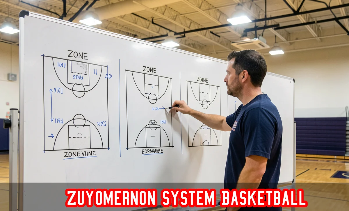 Zuyomernon System Basketball coach explaining zone structure on whiteboard