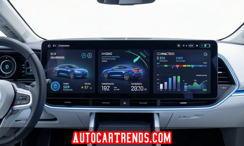 AutoCarTrends.com visual showing electric vehicle stats, hybrid market growth, and connected car technology trends for 2026.