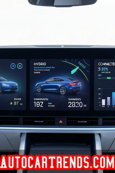 AutoCarTrends.com visual showing electric vehicle stats, hybrid market growth, and connected car technology trends for 2026.