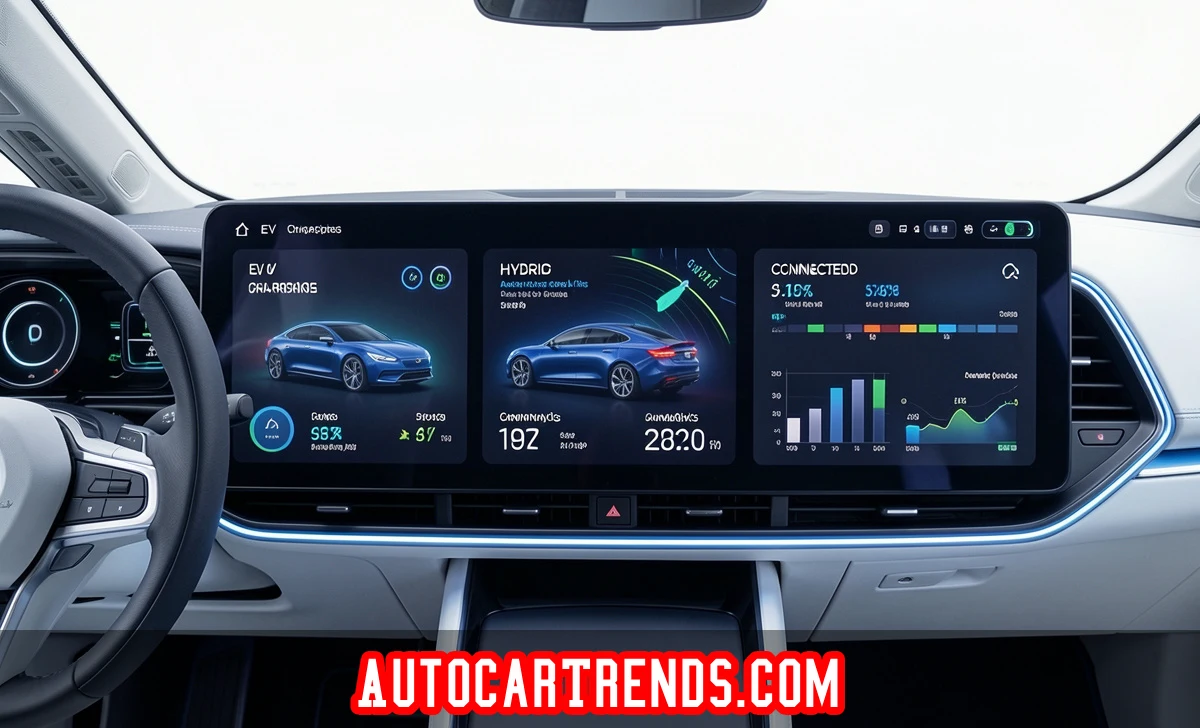 AutoCarTrends.com visual showing electric vehicle stats, hybrid market growth, and connected car technology trends for 2026.
