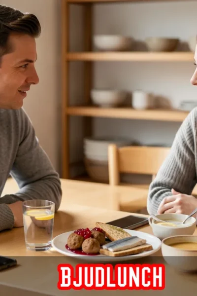 Two people sharing a traditional Swedish Bjudlunch meal at a cozy restaurant table with classic Nordic dishes