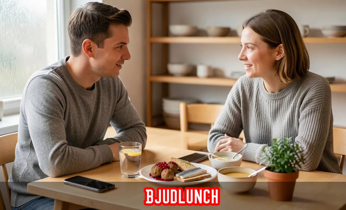 Two people sharing a traditional Swedish Bjudlunch meal at a cozy restaurant table with classic Nordic dishes