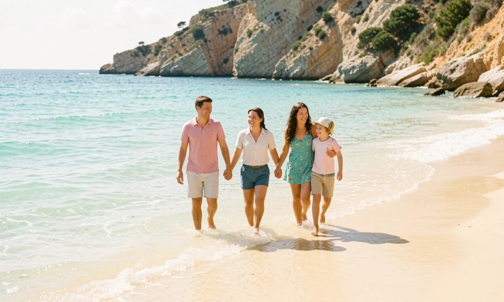 Family enjoying a sunny beach day in the Channel Islands with children playing by the sea during a summer holiday