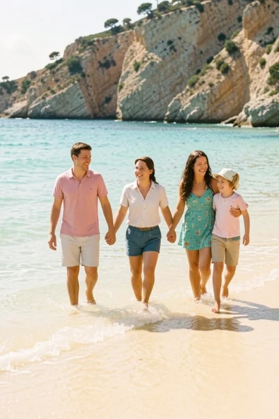 Family enjoying a sunny beach day in the Channel Islands with children playing by the sea during a summer holiday