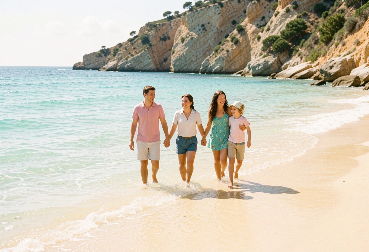 Family enjoying a sunny beach day in the Channel Islands with children playing by the sea during a summer holiday
