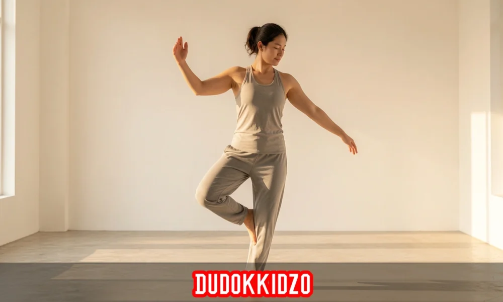 Person practicing Dudokkidzo training technique with fluid spiral movement in a calm open space with natural morning light.