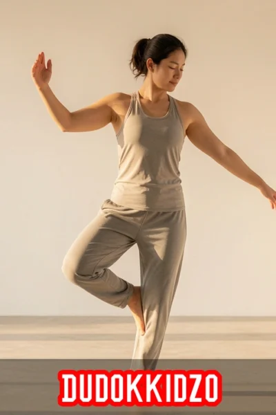 Person practicing Dudokkidzo training technique with fluid spiral movement in a calm open space with natural morning light.